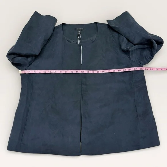 Eileen Fisher Large Linen Silk Satin Round Neck Open Jacket Deep Adriatic Blue - Picture 10 of 16